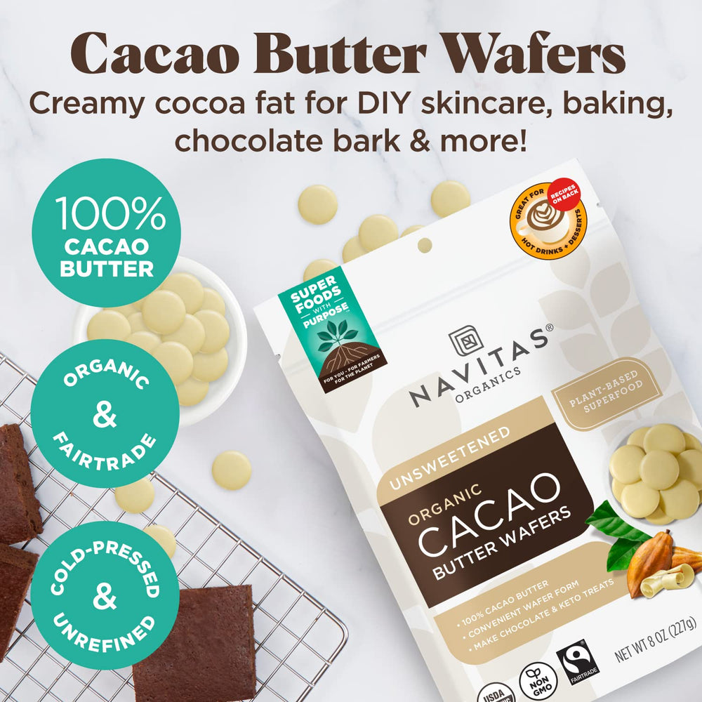 Navitas Organics Cacao Butter Wafers add rich texture to baking and desserts.