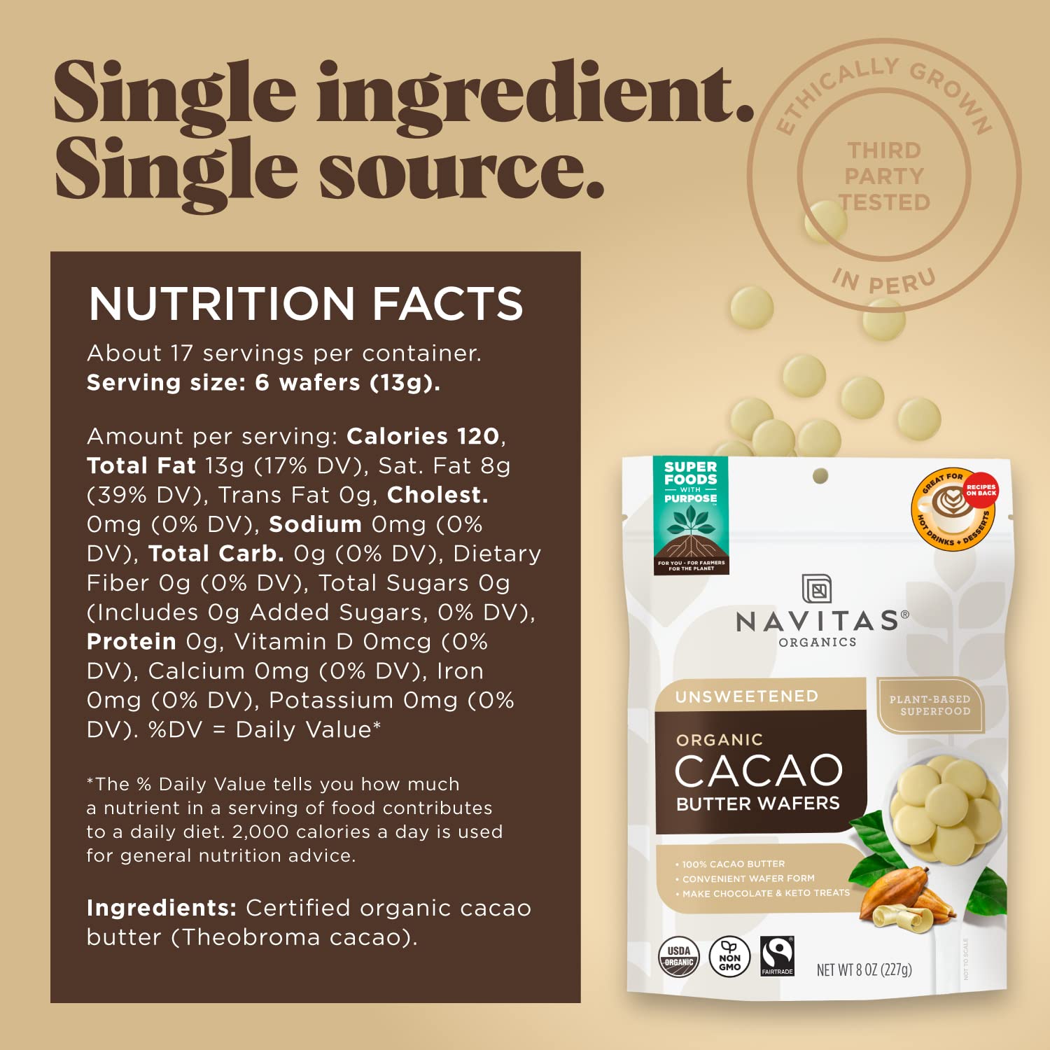 Navitas Organics Cacao Butter Wafers create creamy hot cocoa with a smooth finish.