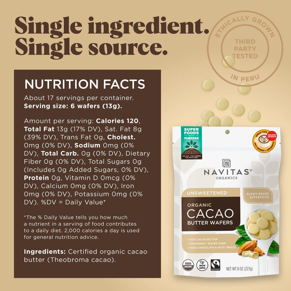 Navitas Organics Cacao Butter Wafers create creamy hot cocoa with a smooth finish.