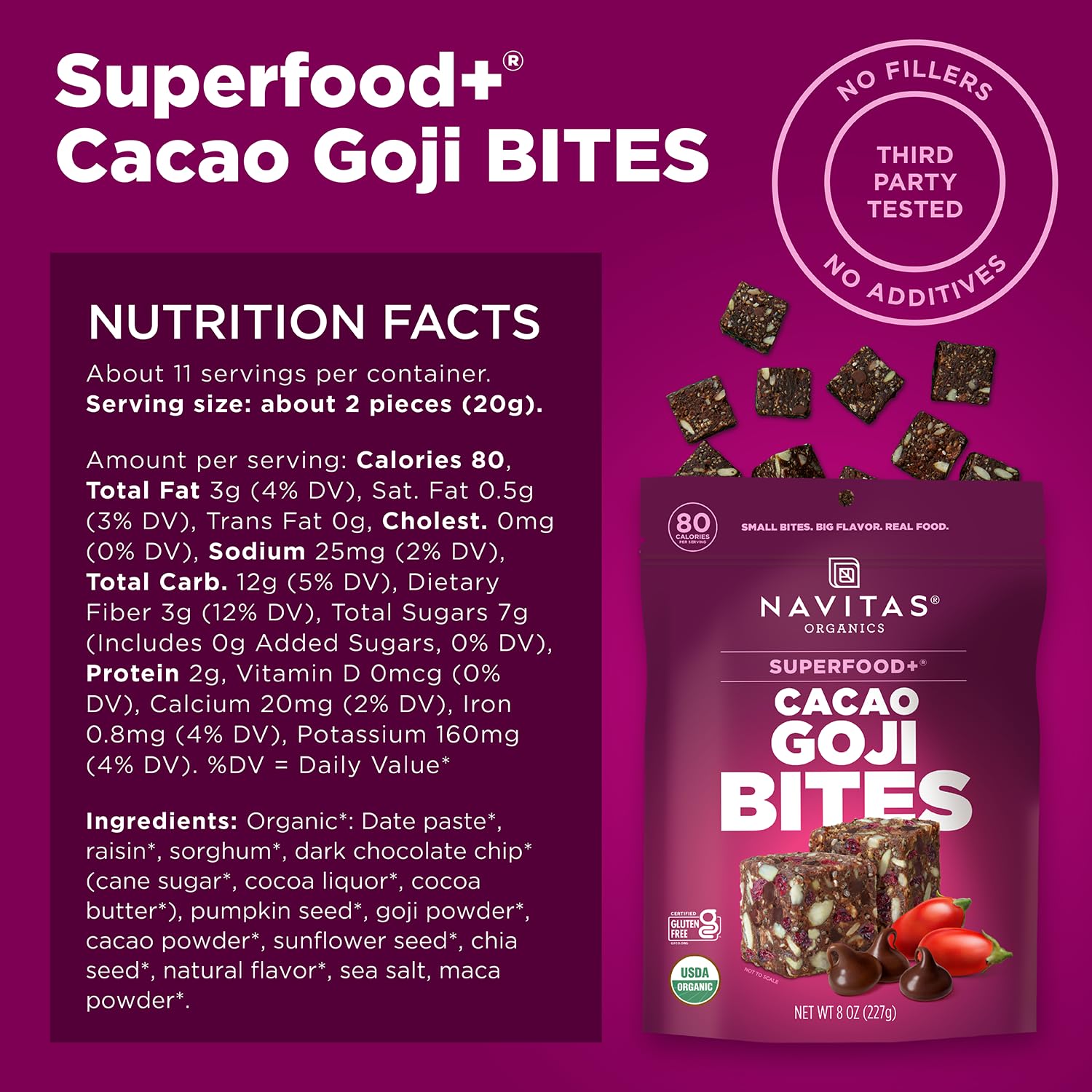 Navitas Organics Cacao Goji Bites chunky-chewy-closeup shows texture and superfoods.