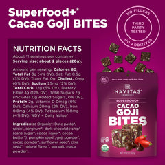 Navitas Organics Cacao Goji Bites chunky-chewy-closeup shows texture and superfoods.