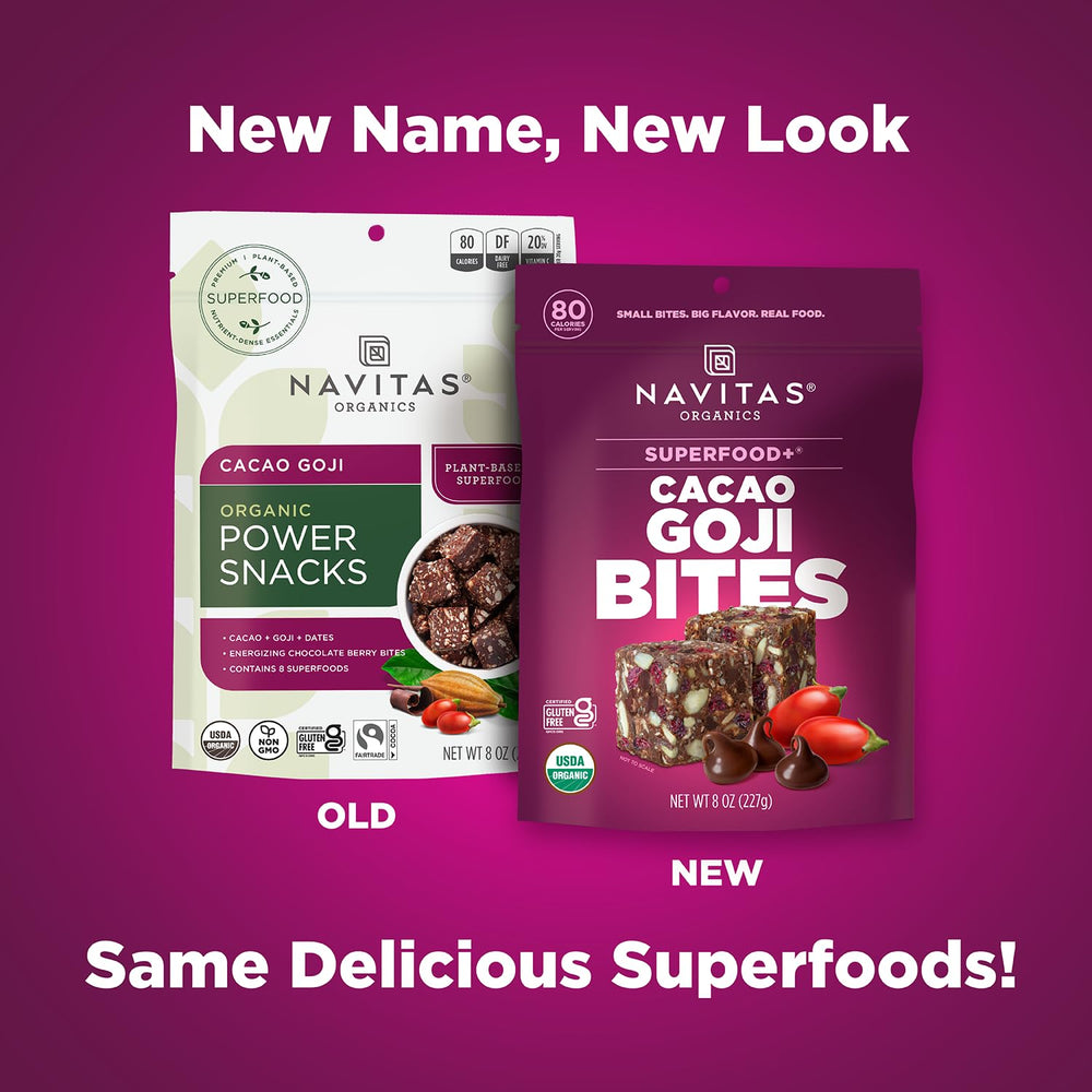 Navitas Organics Cacao Goji Bites in-hand-snack for quick energy and satisfaction.