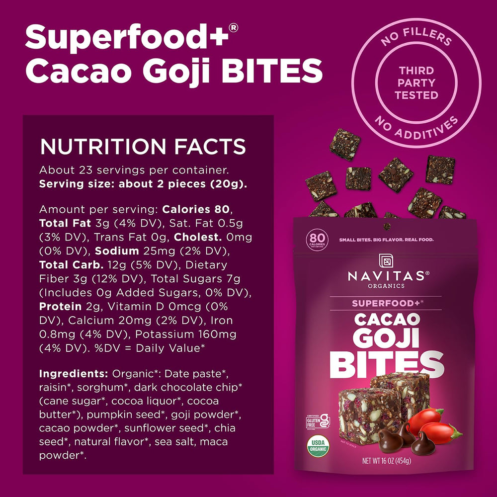 Close-up of cacao-goji bites highlighting chewy texture and rich chocolate flavor