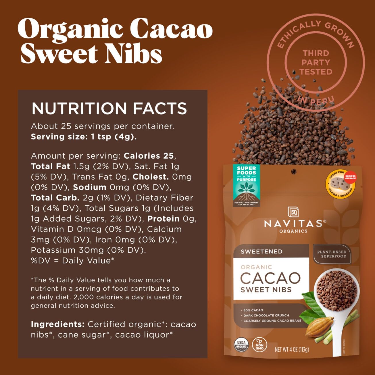 Navitas cacao nibs dusted with organic sugar for a low-sugar snack