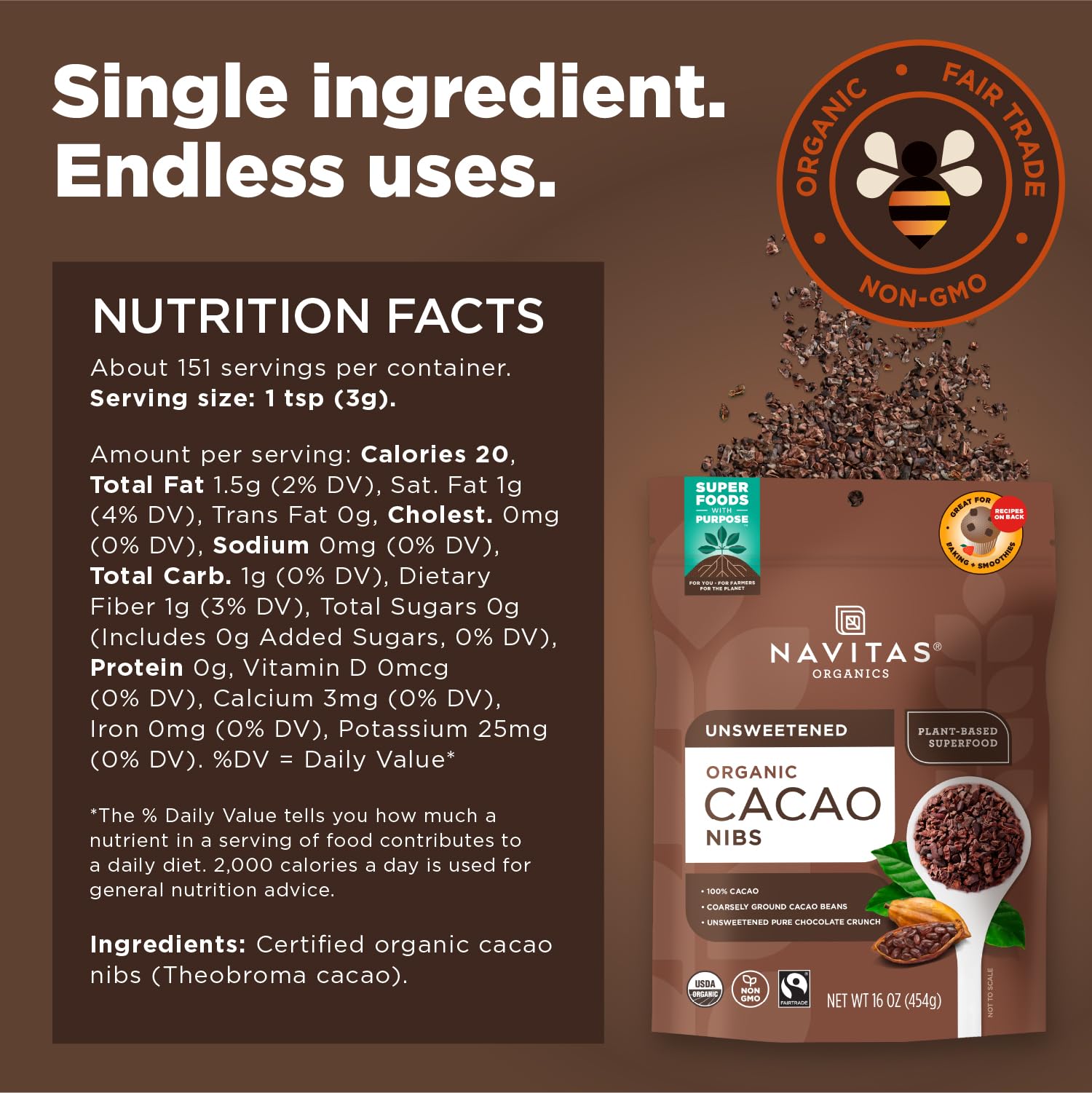 Navitas Organics cacao nibs in oatmeal for chocolatey crunch