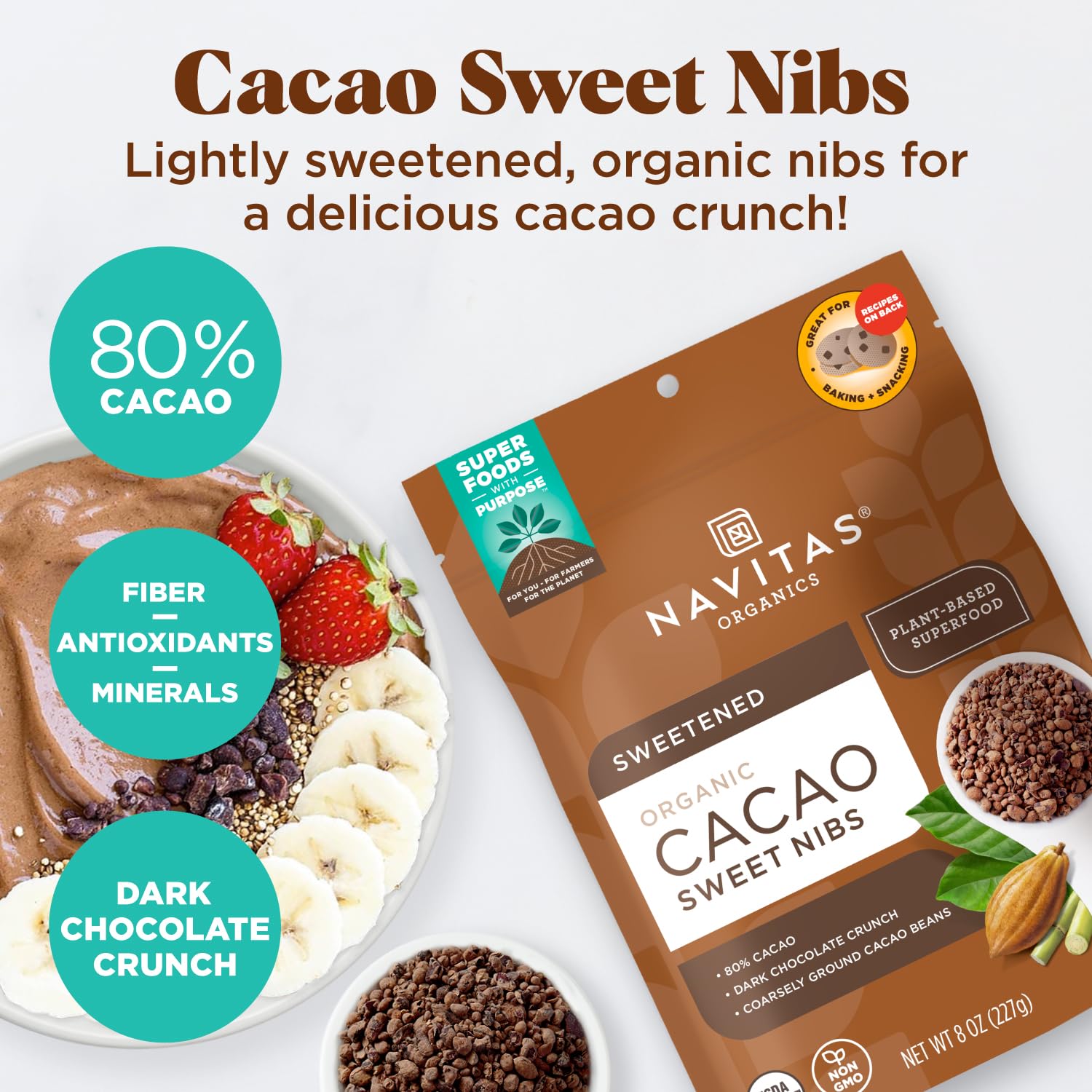 Cacao nibs on yogurt create extra texture and depth from Navitas Organics