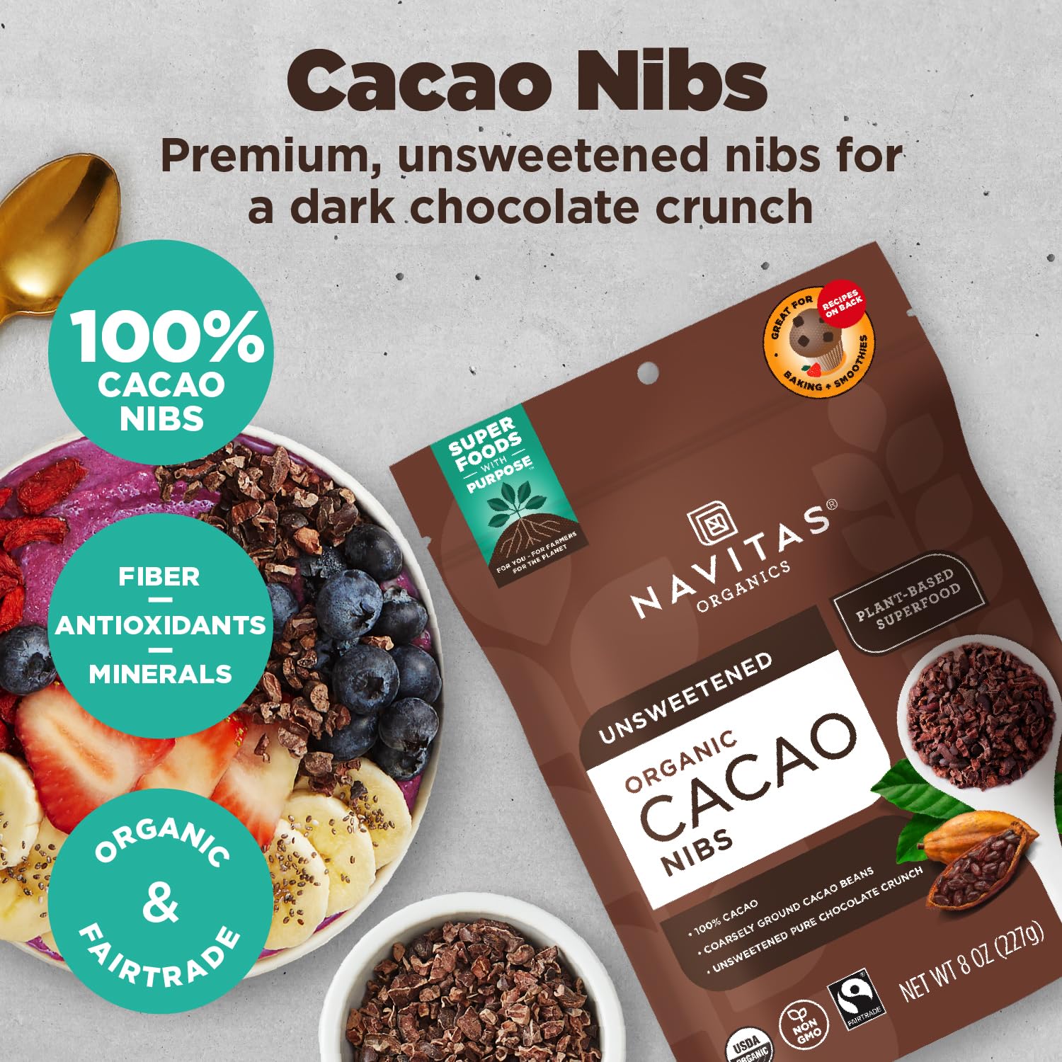 Navitas Organics cacao nibs in trail mix offering fiber and flavor