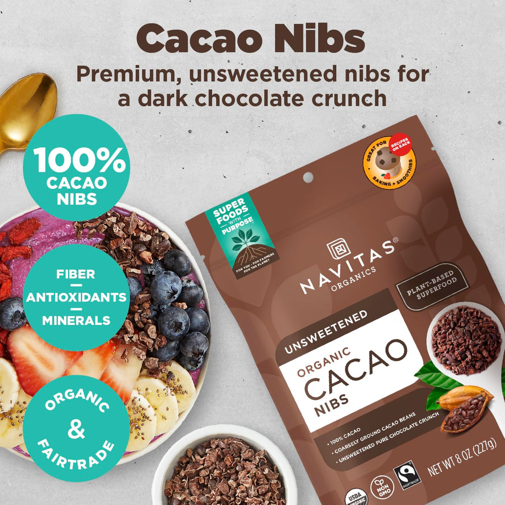 Navitas Organics cacao nibs in trail mix offering fiber and flavor