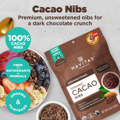 Navitas Organics cacao nibs in trail mix offering fiber and flavor