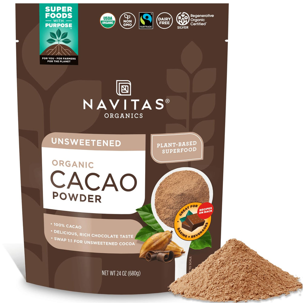 Navitas Organics cacao powder bag front for baking and hot chocolate.