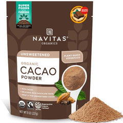 Navitas Organics cacao powder bag front for baking and hot chocolate.