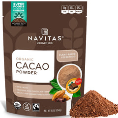 Navitas Organics cacao powder bag with scoop, ideal for smoothies and baking.