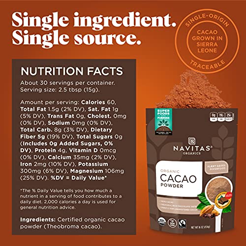 Close-up of Navitas Organics cacao powder texture for rich recipes.