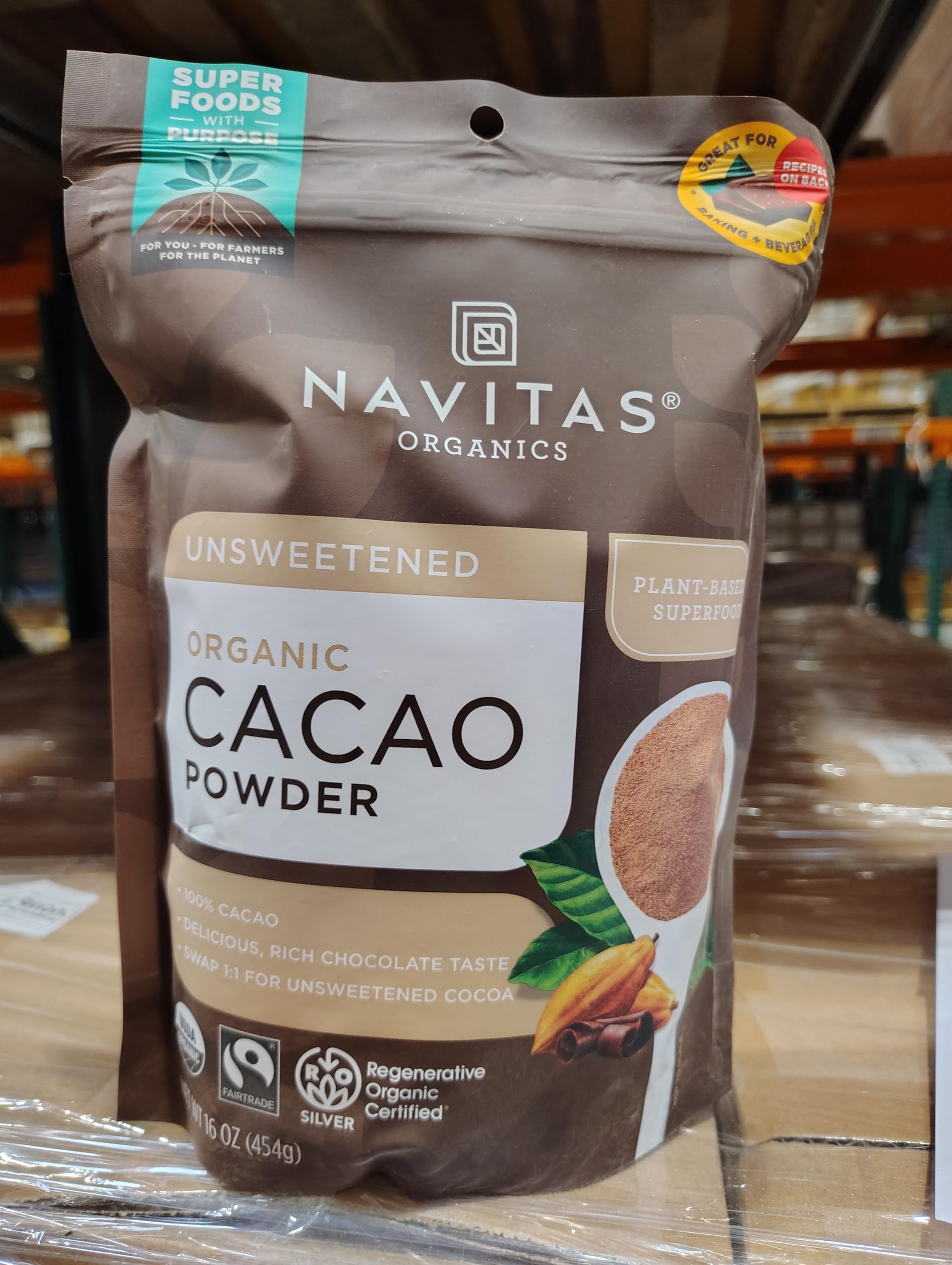 Navitas Organics cacao powder fairtrade seal, signaling ethical sourcing