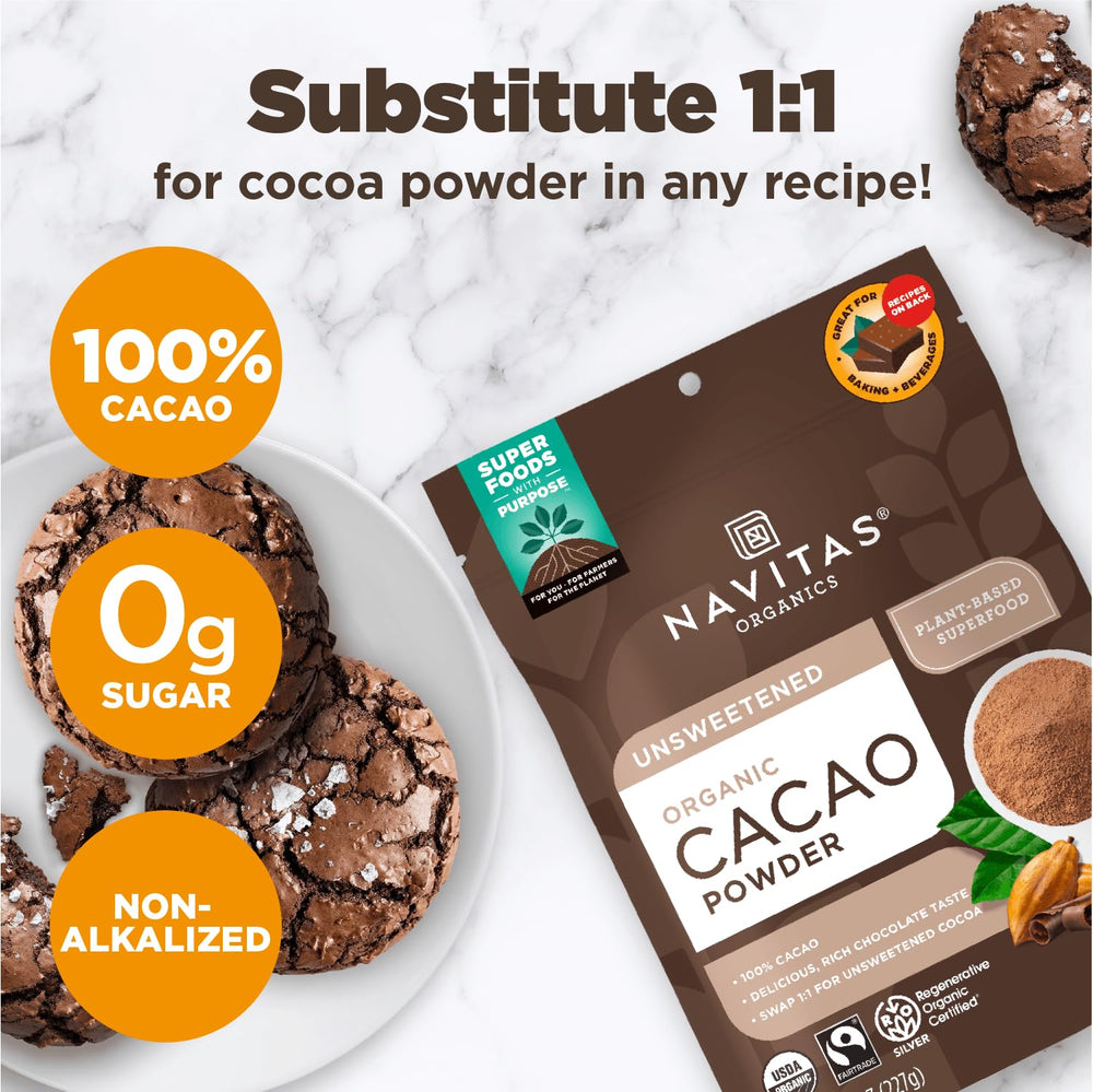 Navitas Organics cacao powder in hot chocolate for a dairy-free, creamy drink.