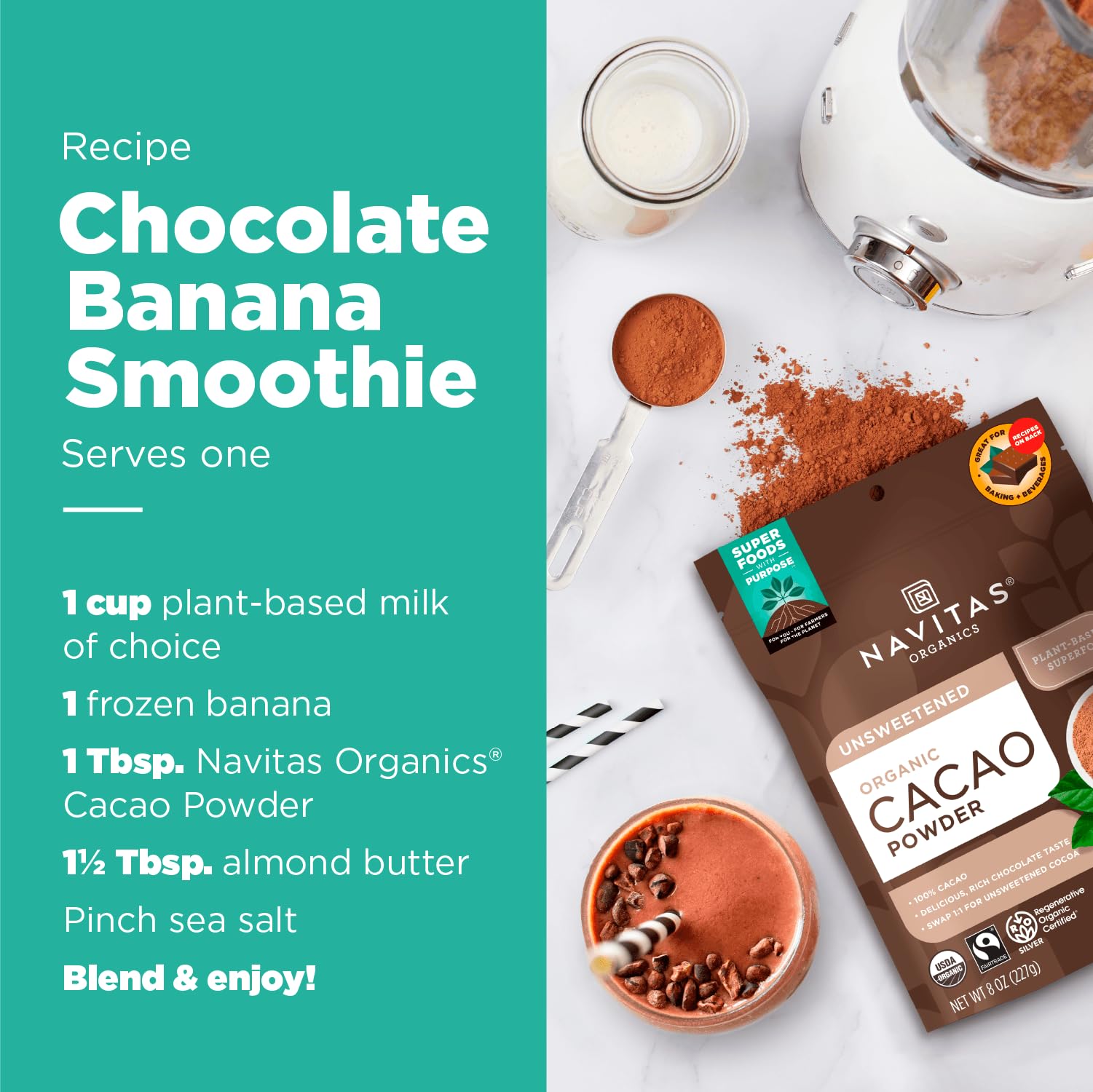 Navitas Organics cacao powder ready for hot chocolate and creamy beverages