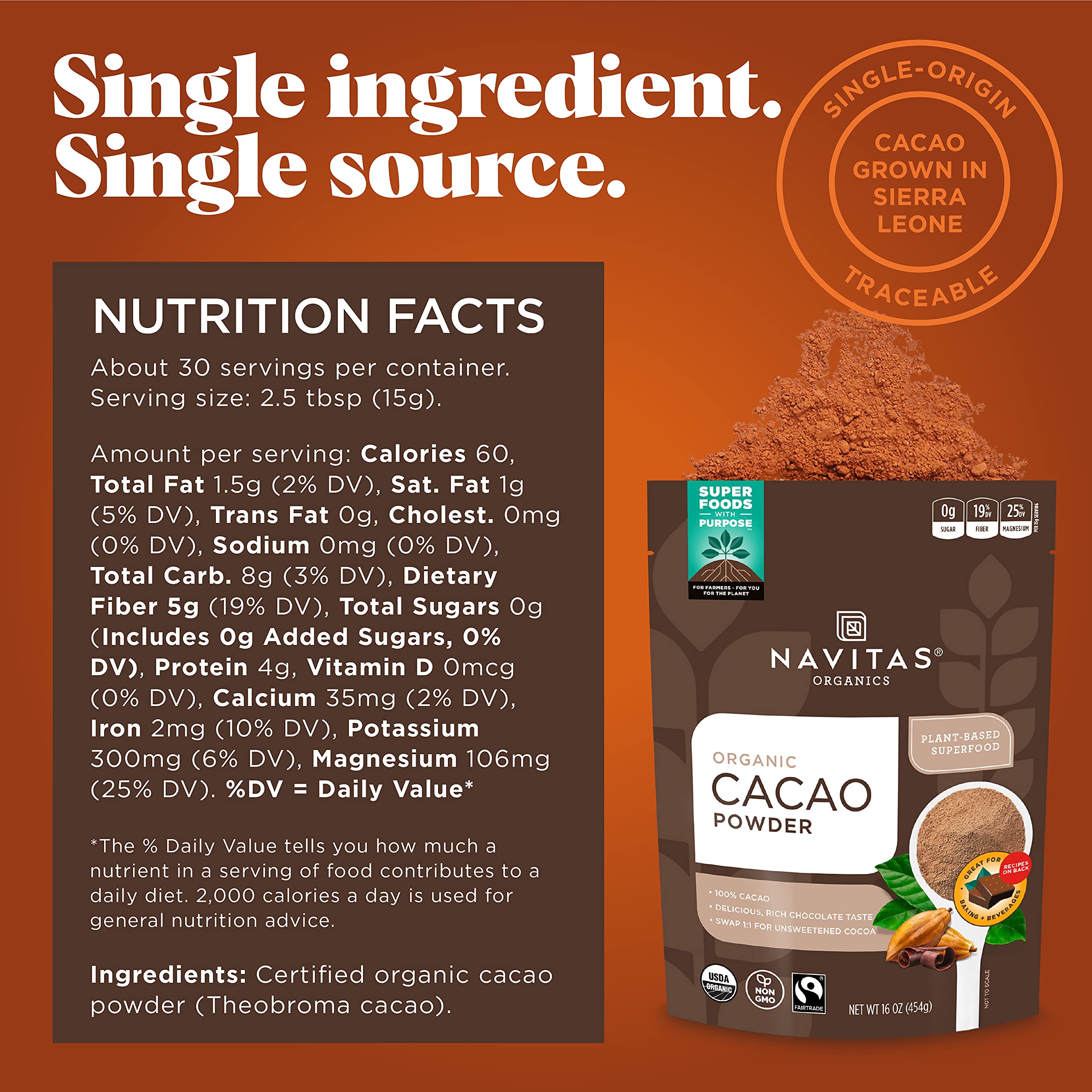 Navitas Organics cacao powder on a spoon highlighting rich flavor