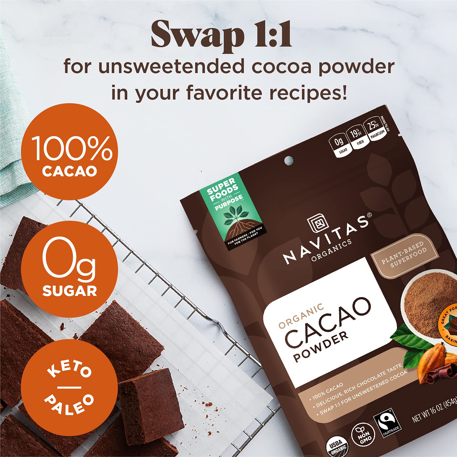 Navitas Organics cacao powder open bag ready for smoothies and baking