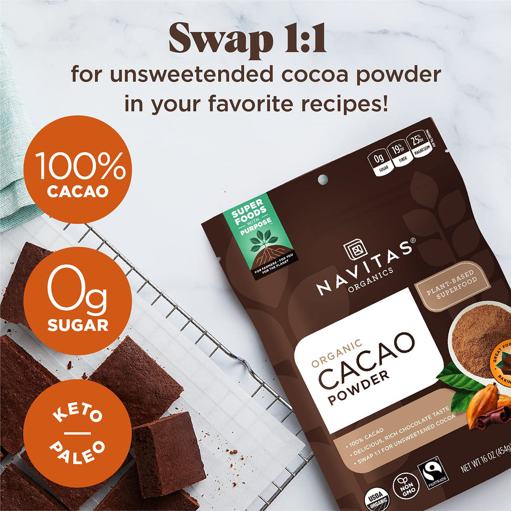 Navitas Organics cacao powder open bag ready for smoothies and baking