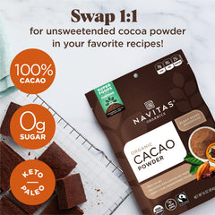Navitas Organics cacao powder open bag ready for smoothies and baking
