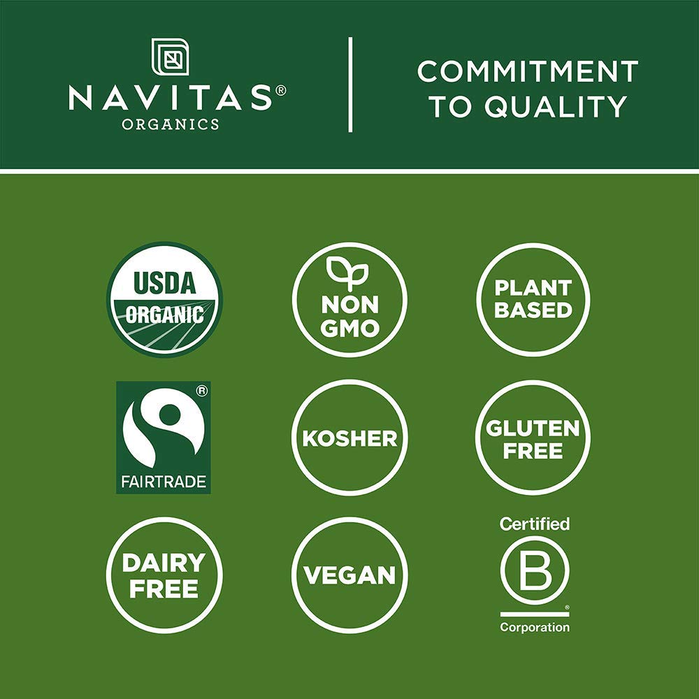 Organic and fair trade seals on Navitas Organics cacao powder package.