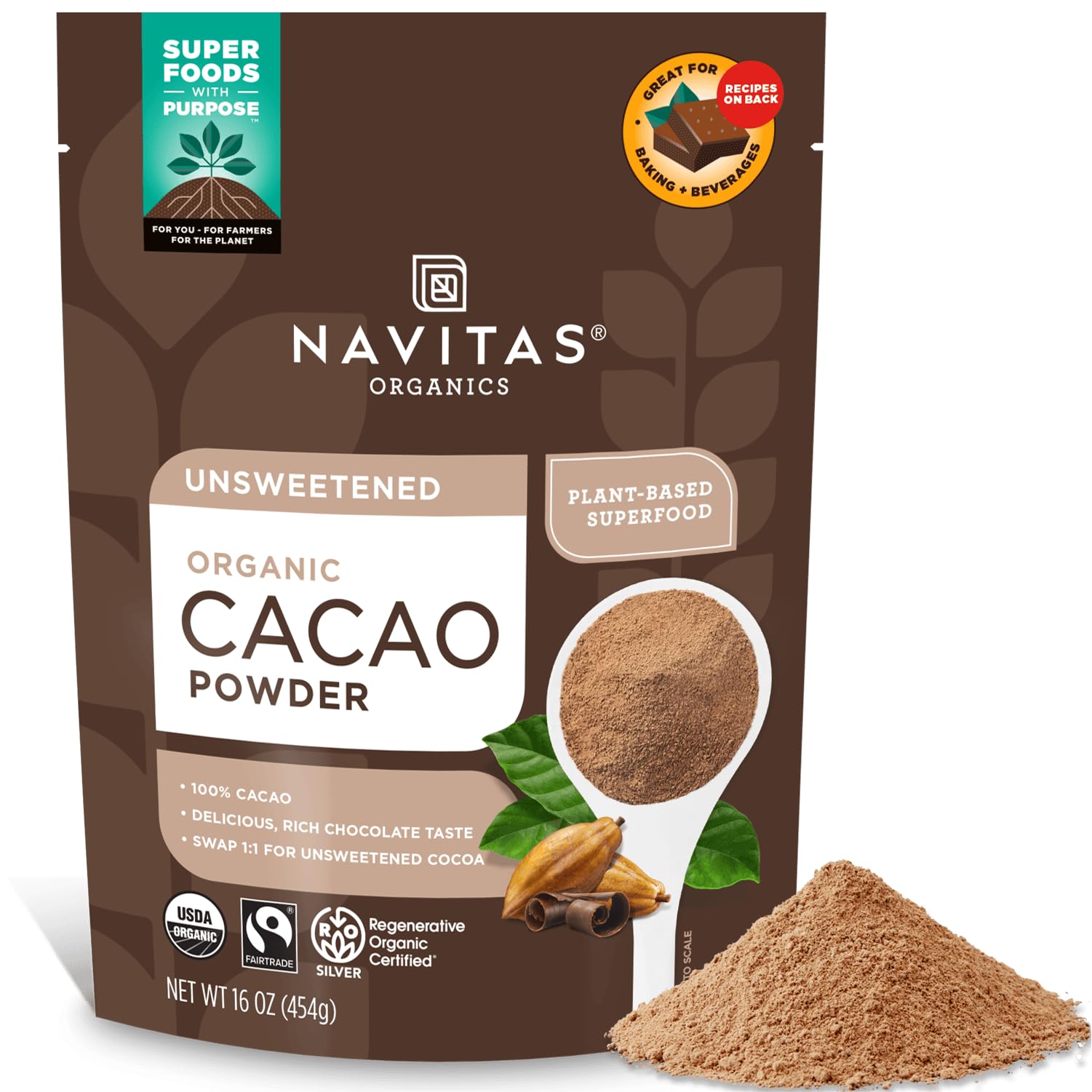 Navitas Organics cacao powder packaging front, highlighting regenerative organic farming and fair trade