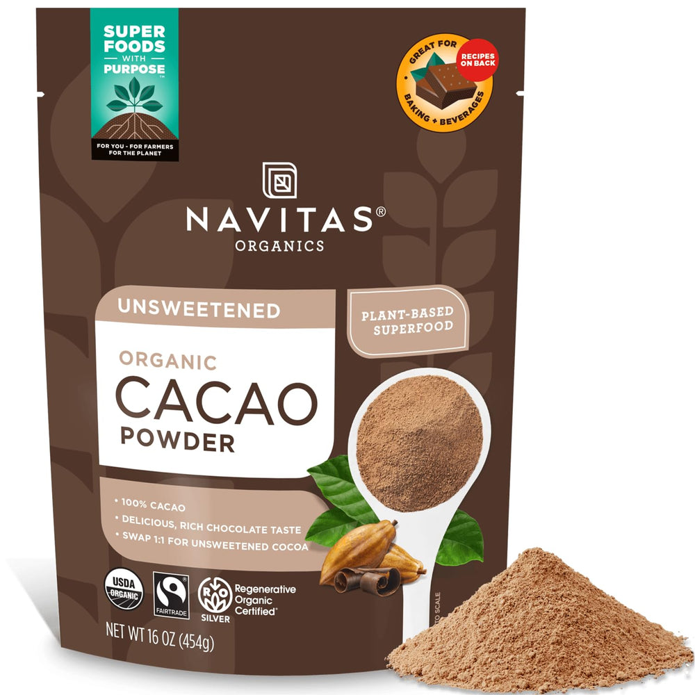 Navitas Organics cacao powder packaging front, highlighting regenerative organic farming and fair trade