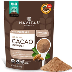 Navitas Organics cacao powder packaging front, highlighting regenerative organic farming and fair trade