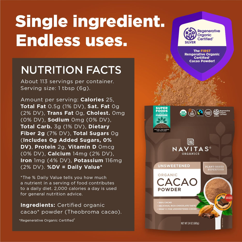 Navitas Organics cacao powder scoop pouring into a mug for hot cocoa.