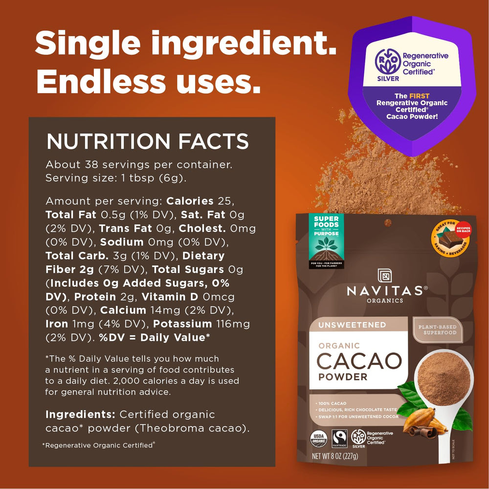 Close-up of Navitas Organics cacao powder texture highlighting rich cocoa quality.