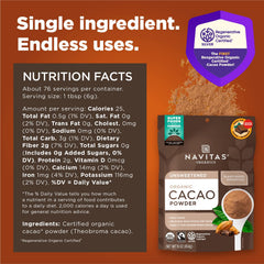 Navitas Organics cacao powder with scoop, perfect for 1:1 substitutions in baking