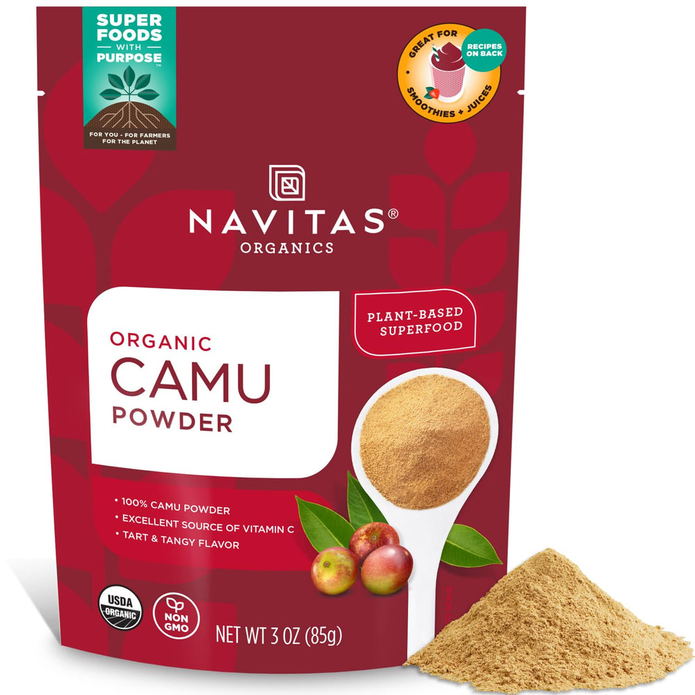 Navitas Organics Camu Powder jar closeup showing vitamin C content for smoothies