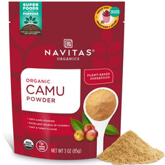 Navitas Organics Camu Powder jar closeup showing vitamin C content for smoothies