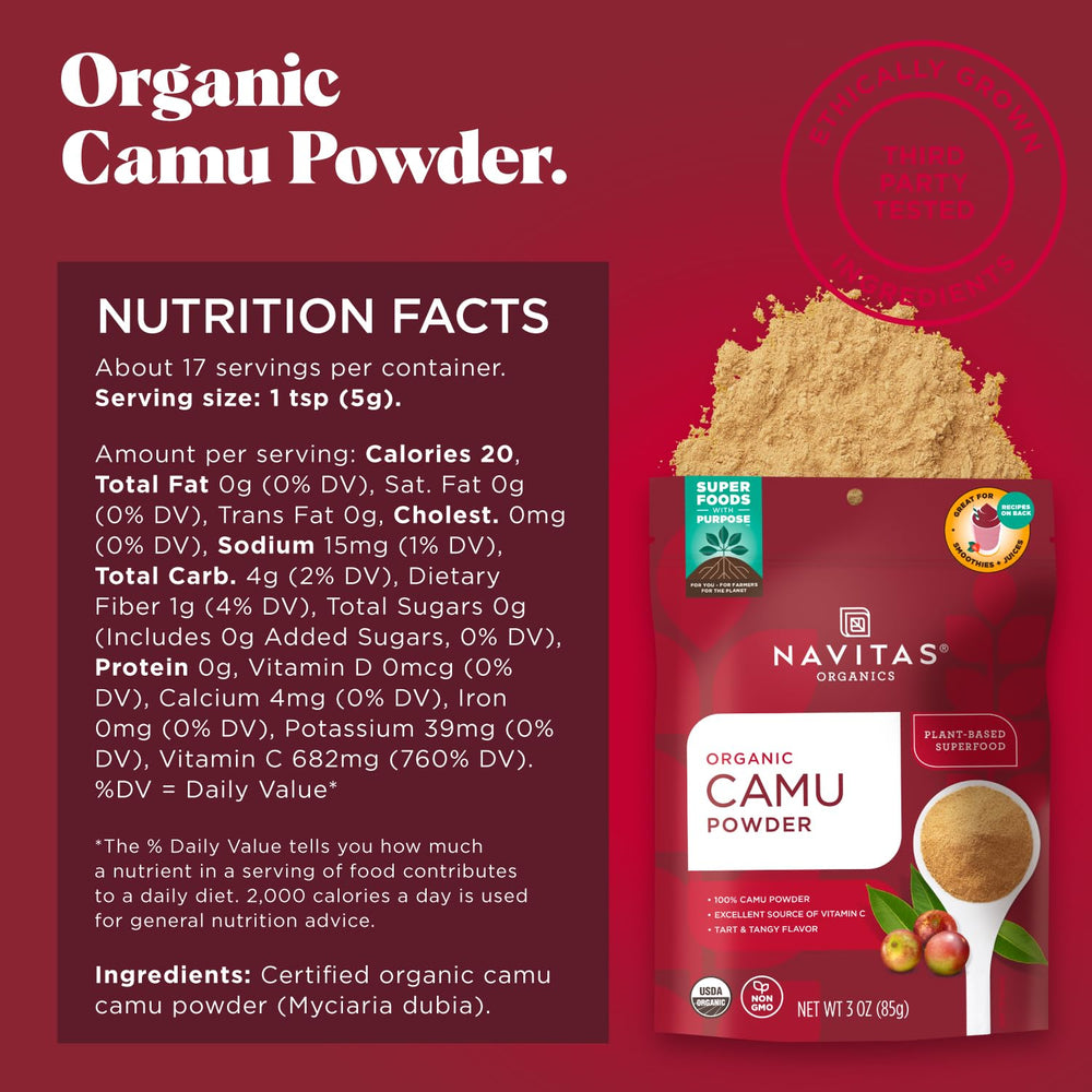 Navitas Organics Camu Powder scoop ready to add to juices and wellness shots