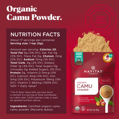 Navitas Organics Camu Powder scoop ready to add to juices and wellness shots