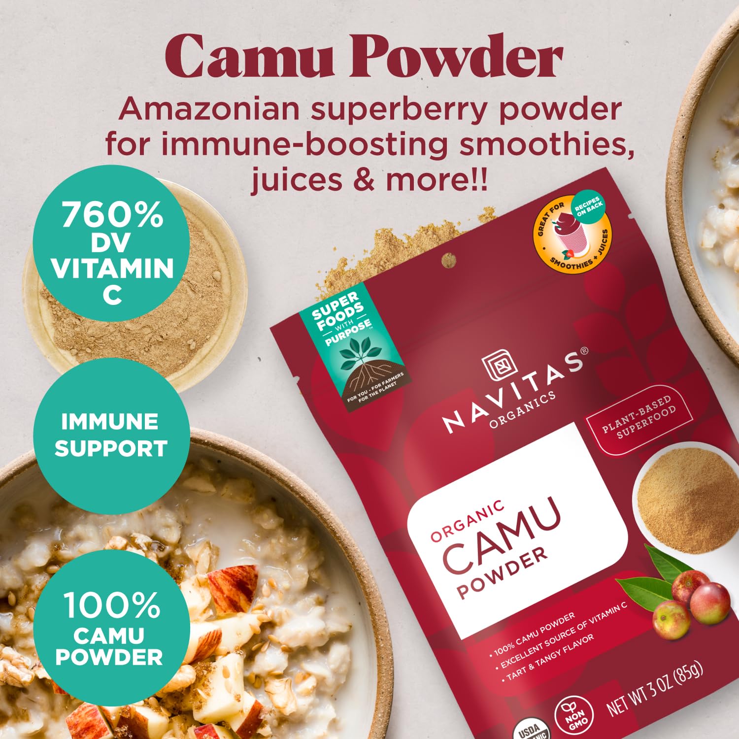 Navitas Organics Camu Powder poured into a blender for smoothie boosting