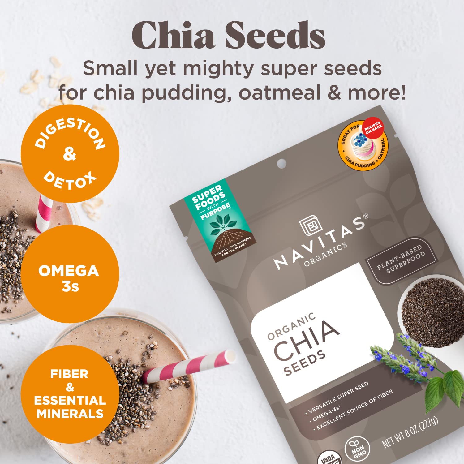 Navitas Organics chia seeds in smoothie glass highlighting creamy texture