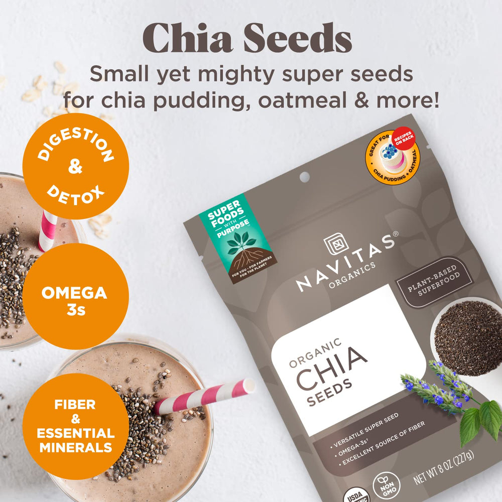 Navitas Organics chia seeds in smoothie glass highlighting creamy texture