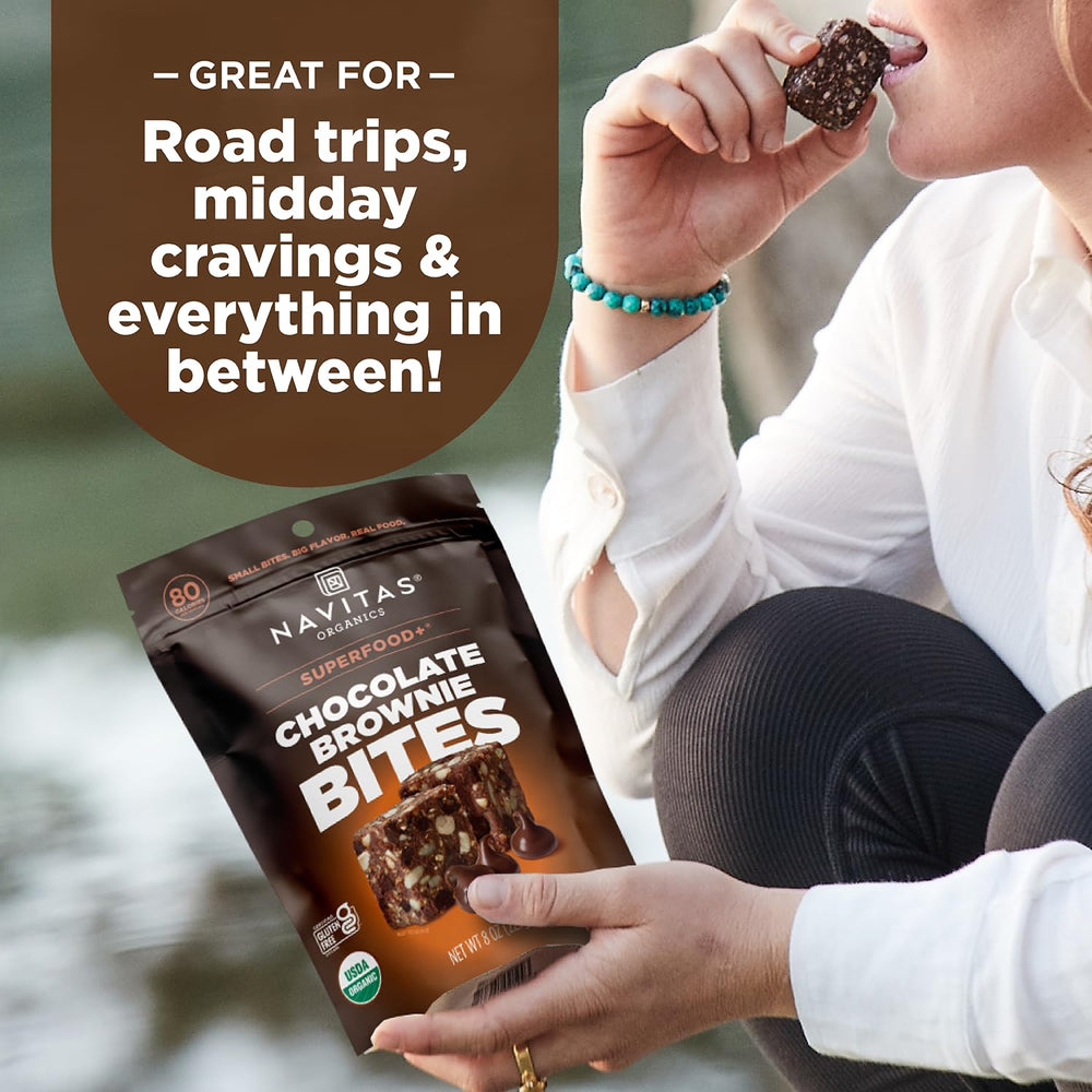 Travel-friendly Navitas bites in a bag for quick fuel during commutes.