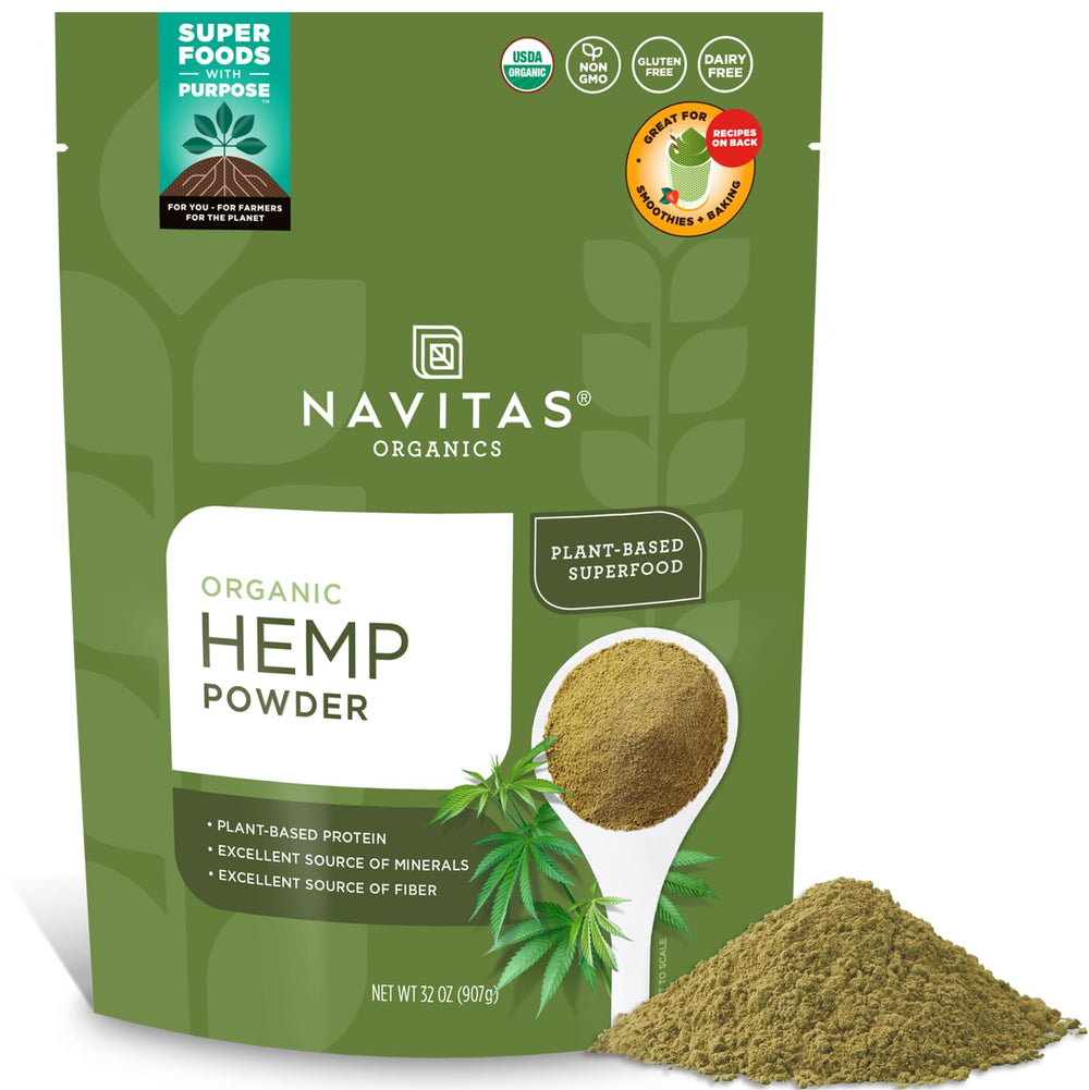Navitas Organics hemp powder bag front view, ideal for vegan smoothies.