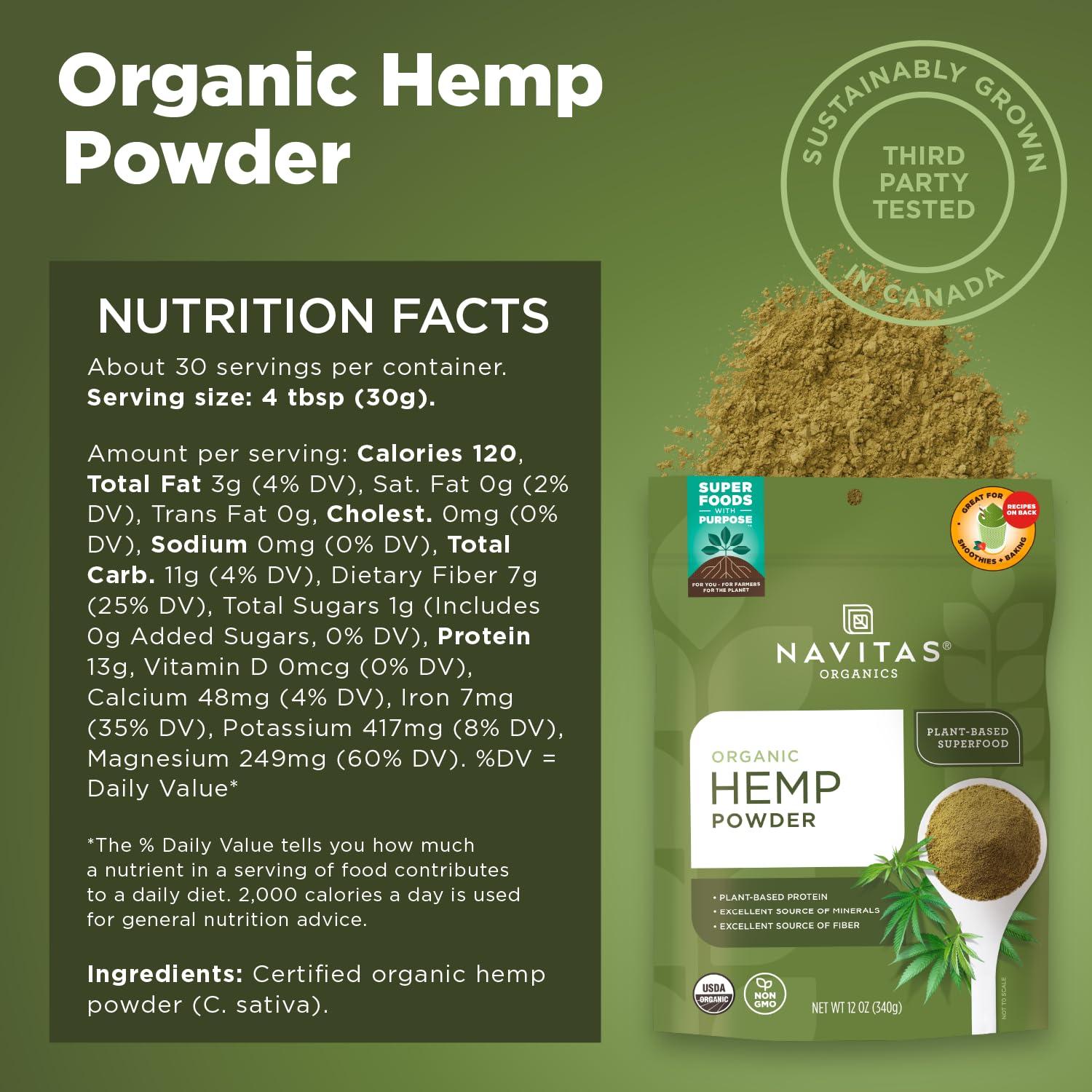 Navitas Organics hemp powder label closeup emphasizing 1-ingredient, cold-pressed hemp seeds