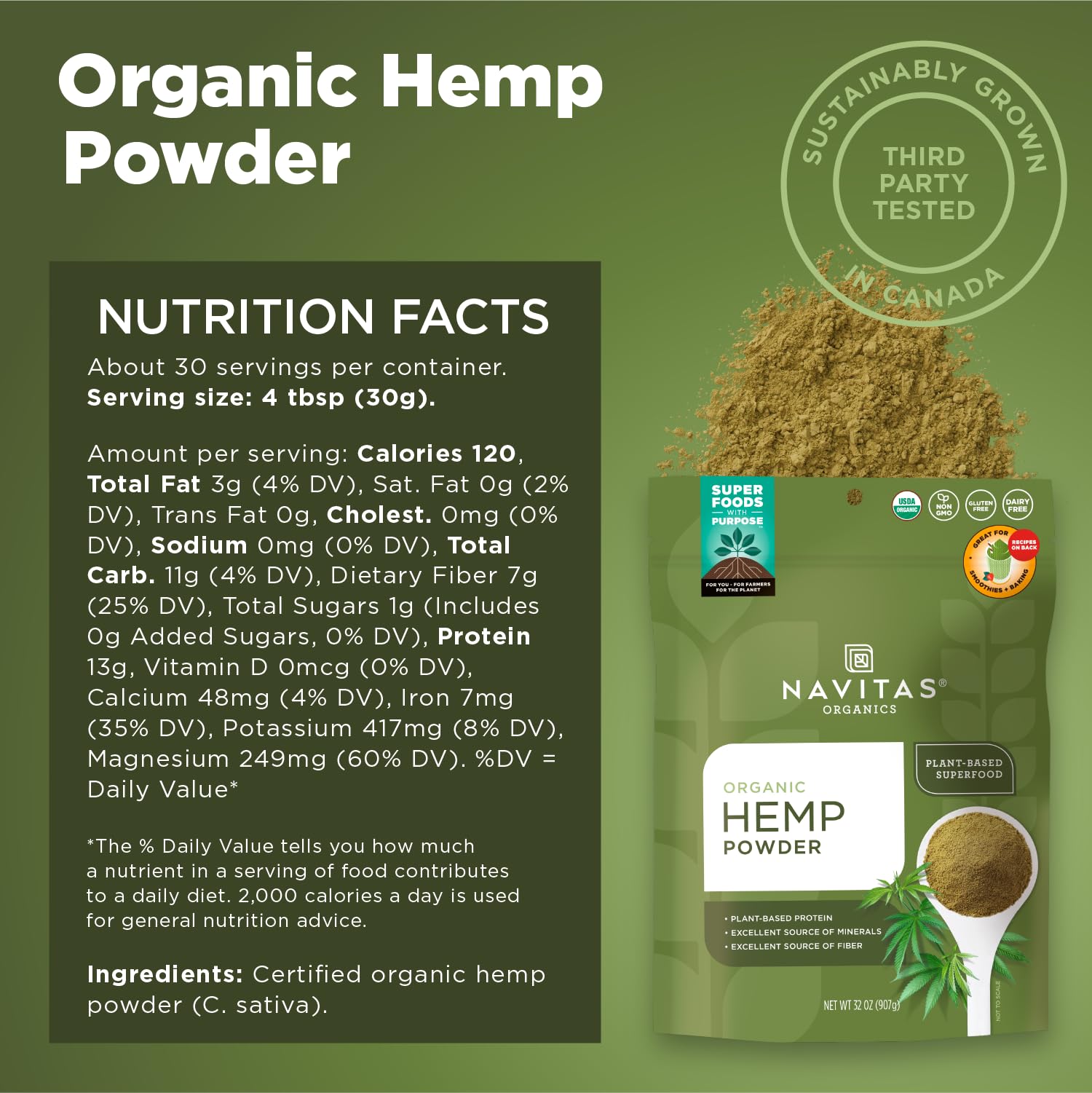 Navitas Organics hemp powder being poured into a glass for shakes.