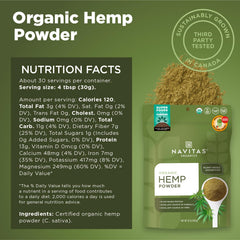 Navitas Organics hemp powder being poured into a glass for shakes.