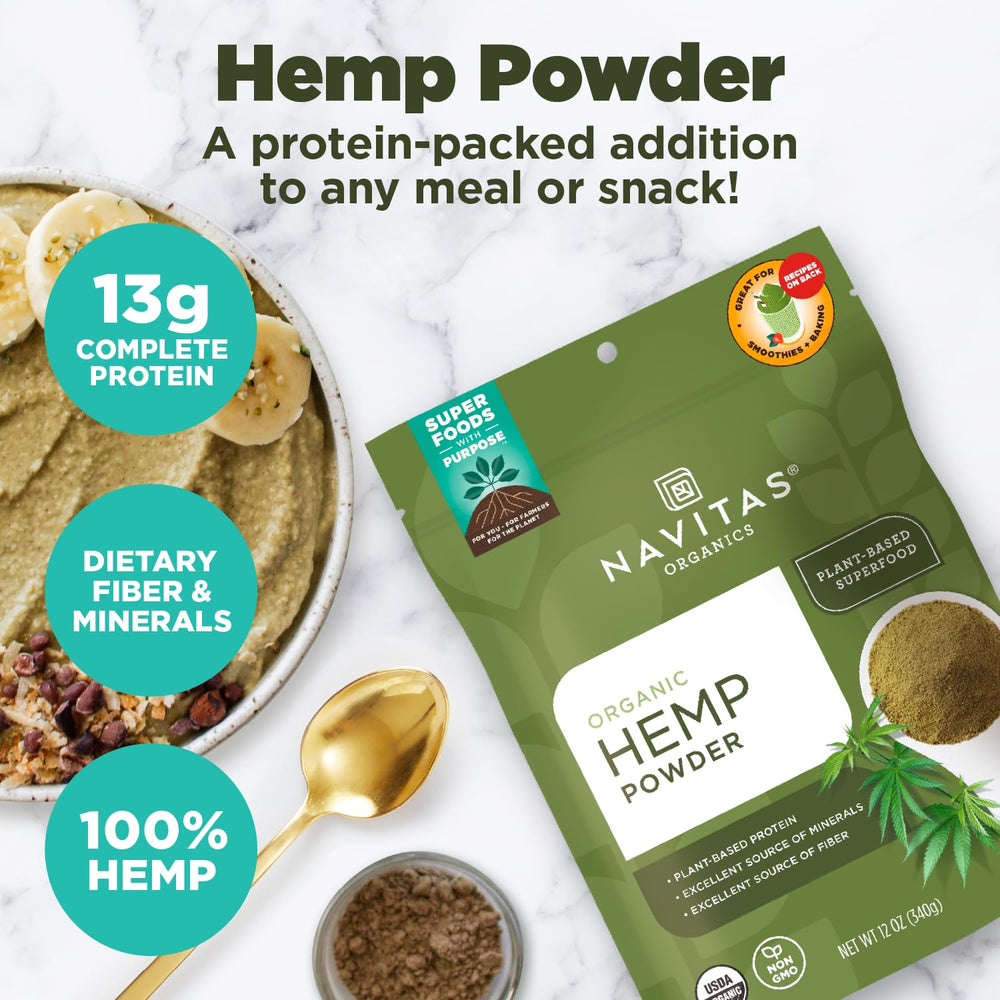 Navitas Organics hemp powder scoop beside bag for easy servings.