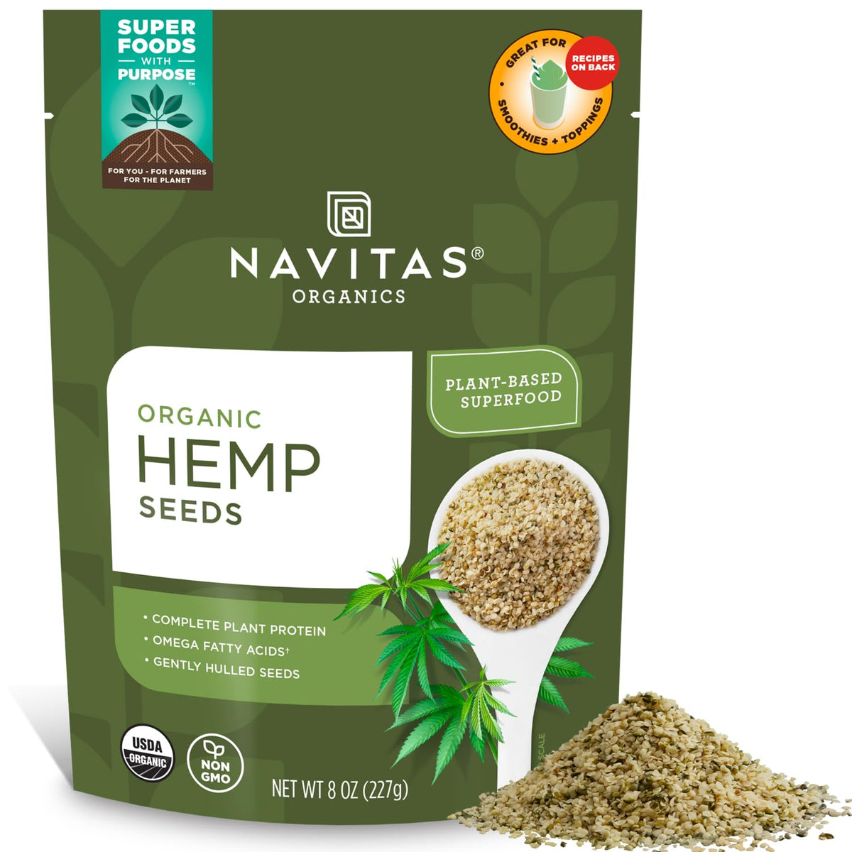 Navitas Organics hemp seeds bag front, versatile protein for smoothies and salads