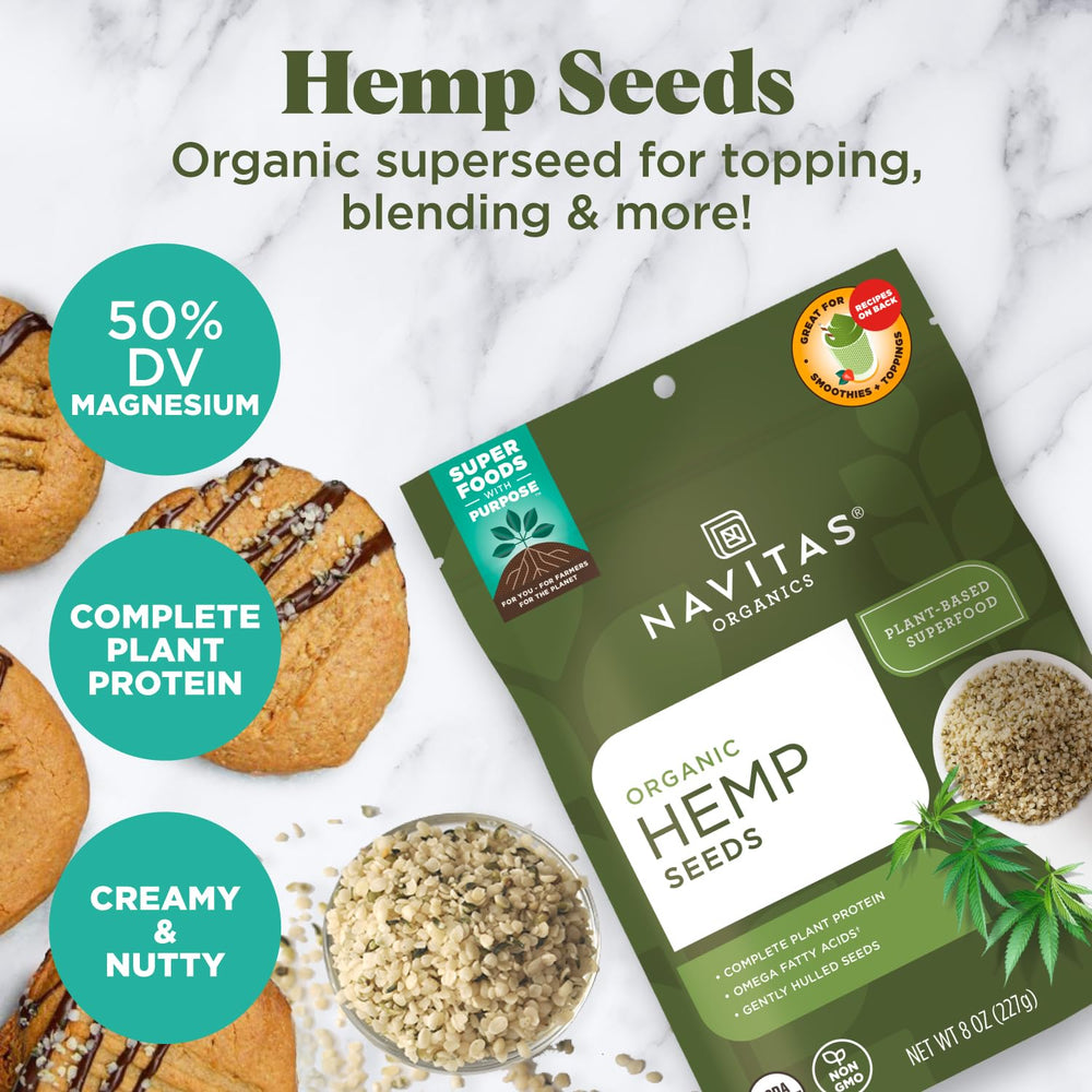 Navitas Organics hemp seeds on a salad bowl, adds complete protein and minerals