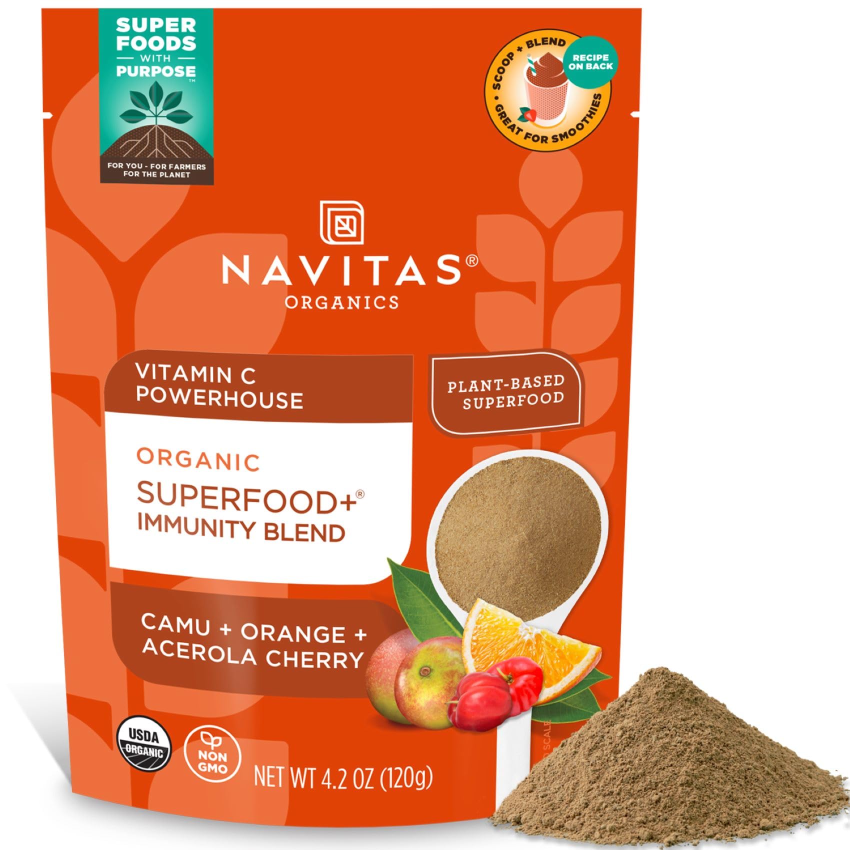 Navitas Organics Superfood+ Immunity Blend bottle on counter supports daily citrus-inspired nutrition