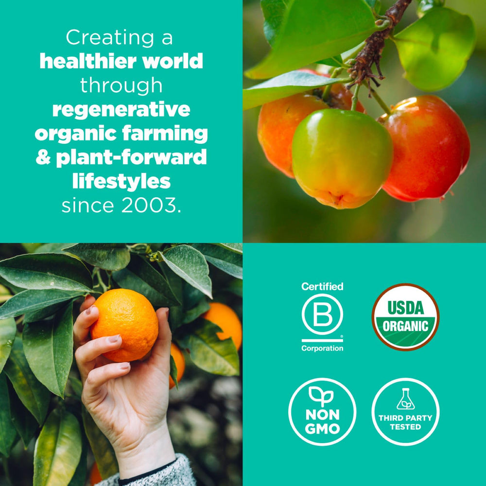 Navitas Organics Immunity Blend ingredients close-up shows camu, orange, and acerola cherries