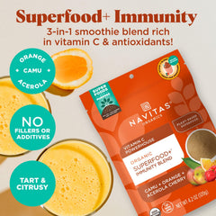 Navitas Organics Immunity Blend powder jar emphasizes 100% organic vitamin C-rich blend