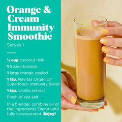 Navitas Organics Immunity Blend smoothie in a glass with bright citrus, ideal for mornings